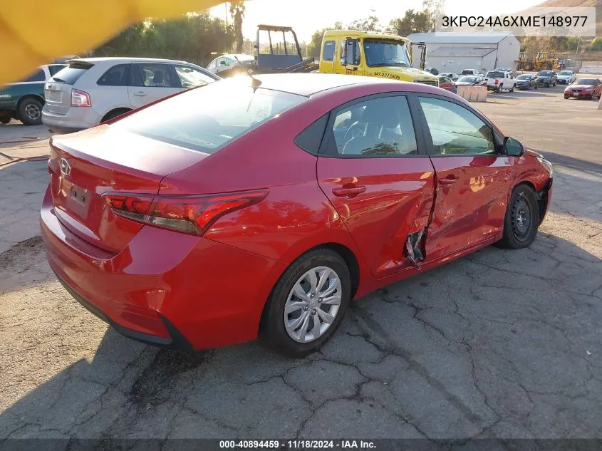 2021 Hyundai Accent Se VIN: 3KPC24A6XME148977 Lot: 40894459