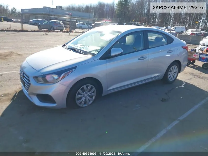 2021 Hyundai Accent Se VIN: 3KPC24A63ME129316 Lot: 40921003