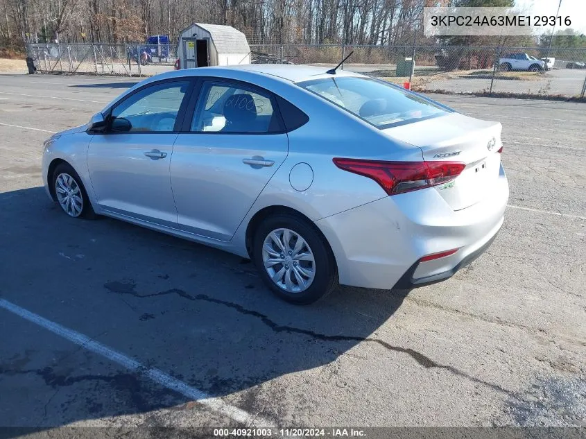 2021 Hyundai Accent Se VIN: 3KPC24A63ME129316 Lot: 40921003