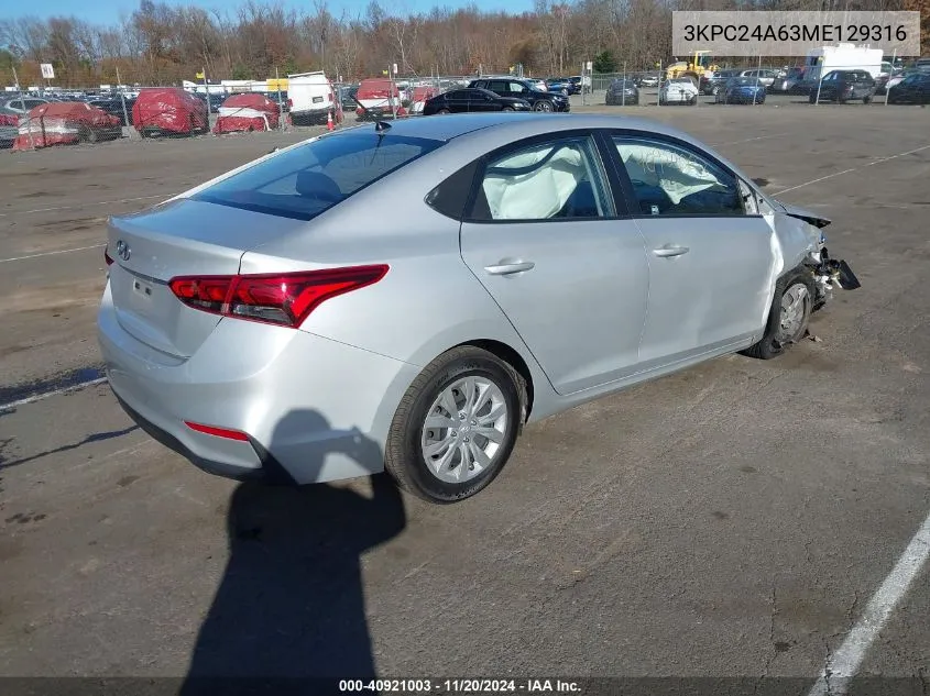 2021 Hyundai Accent Se VIN: 3KPC24A63ME129316 Lot: 40921003