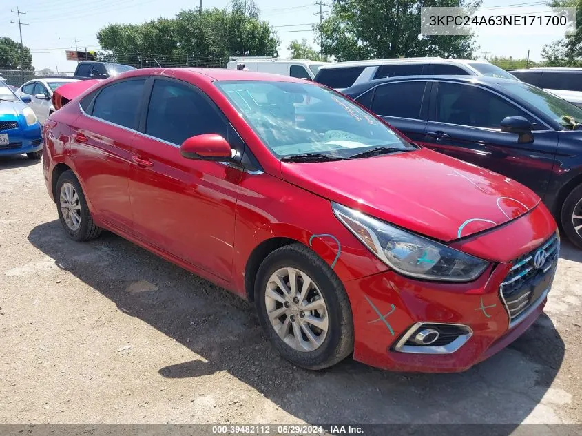 2022 Hyundai Accent Sel VIN: 3KPC24A63NE171700 Lot: 39482112