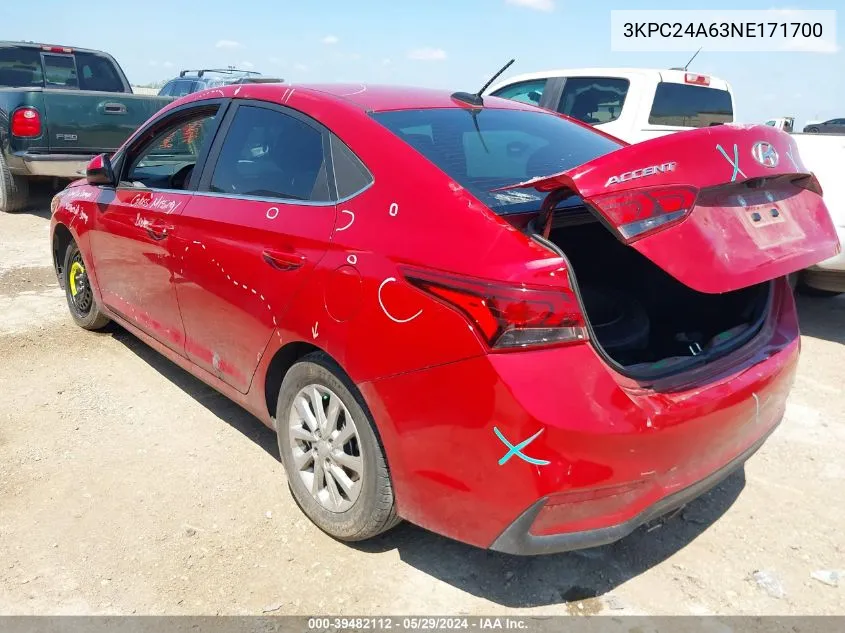 2022 Hyundai Accent Sel VIN: 3KPC24A63NE171700 Lot: 39482112