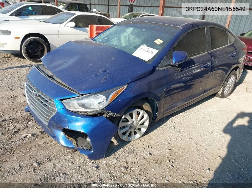 2022 Hyundai Accent Sel VIN: 3KPC24A60NE155549 Lot: 39640276