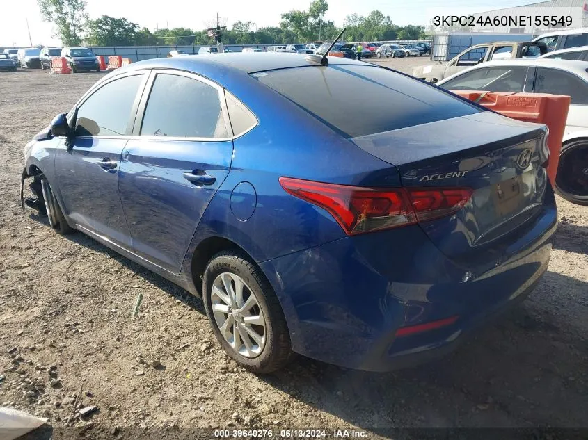 2022 Hyundai Accent Sel VIN: 3KPC24A60NE155549 Lot: 39640276