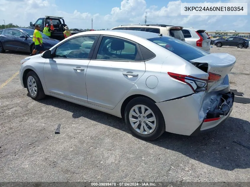 2022 Hyundai Accent Se VIN: 3KPC24A60NE180354 Lot: 39899478