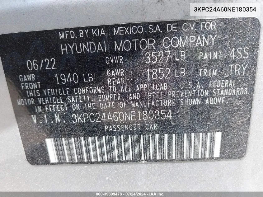 2022 Hyundai Accent Se VIN: 3KPC24A60NE180354 Lot: 39899478