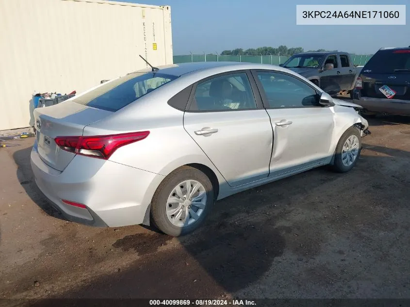 2022 Hyundai Accent Se VIN: 3KPC24A64NE171060 Lot: 40099869