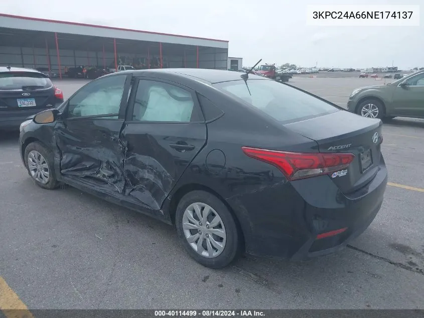 2022 Hyundai Accent Se VIN: 3KPC24A66NE174137 Lot: 40114499