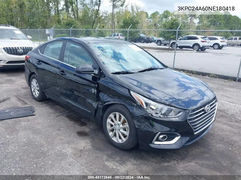 2022 Hyundai Accent Sel VIN: 3KPC24A60NE180418 Lot: 40172645