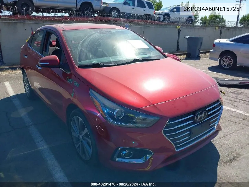 2022 Hyundai Accent Limited VIN: 3KPC34A60NE157251 Lot: 40201478