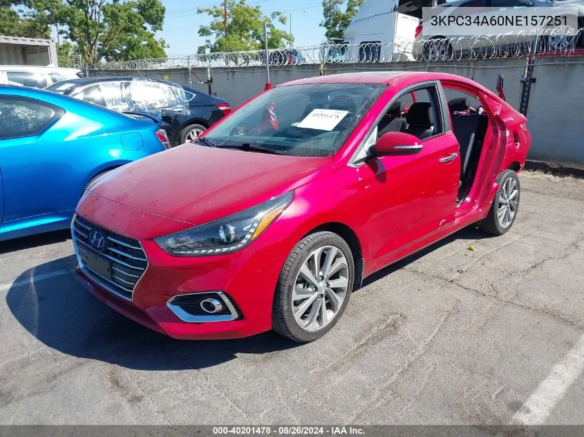 2022 Hyundai Accent Limited VIN: 3KPC34A60NE157251 Lot: 40201478