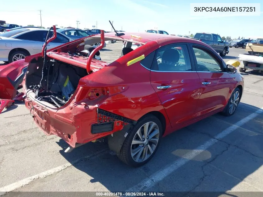 2022 Hyundai Accent Limited VIN: 3KPC34A60NE157251 Lot: 40201478