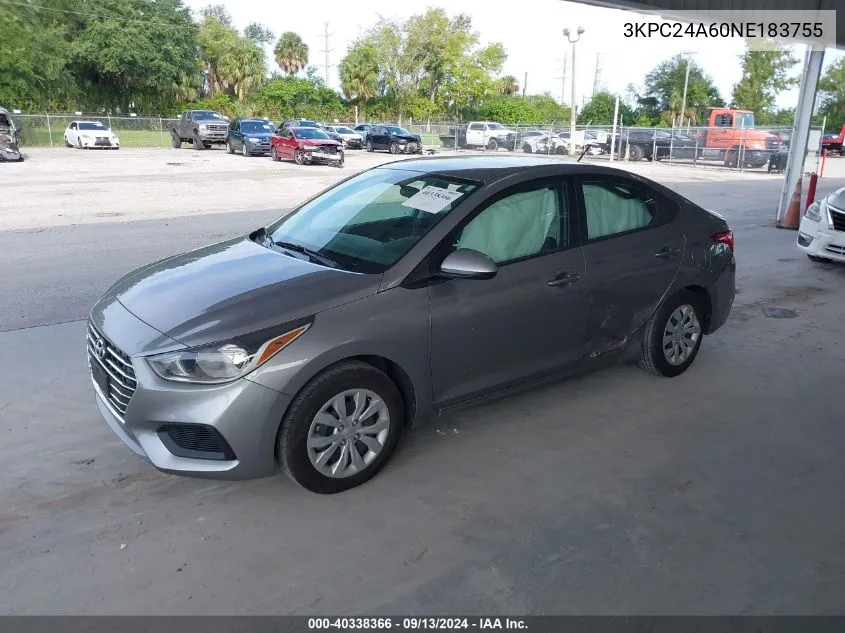 2022 Hyundai Accent Se/Sel VIN: 3KPC24A60NE183755 Lot: 40338366