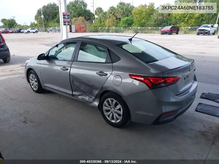 2022 Hyundai Accent Se/Sel VIN: 3KPC24A60NE183755 Lot: 40338366