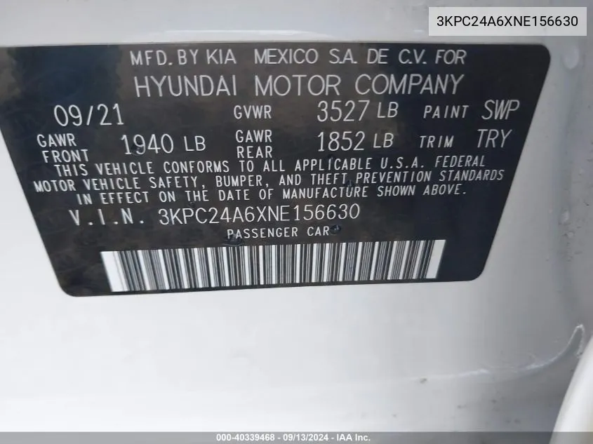 3KPC24A6XNE156630 2022 Hyundai Accent Sel