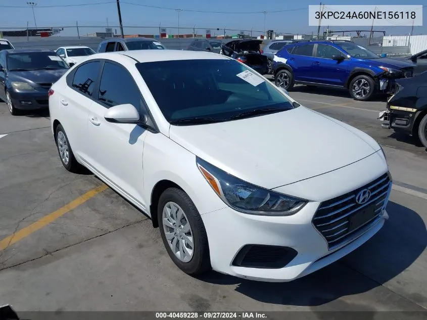 2022 Hyundai Accent Se VIN: 3KPC24A60NE156118 Lot: 40459228