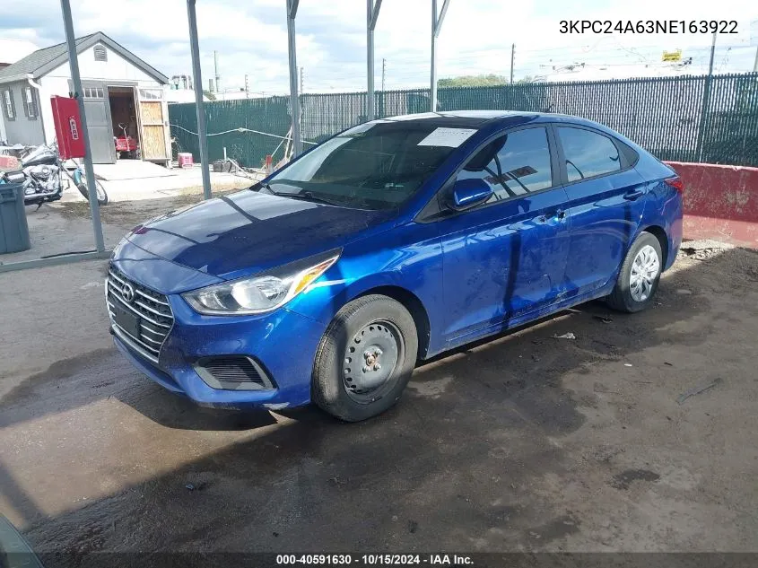 2022 Hyundai Accent Se VIN: 3KPC24A63NE163922 Lot: 40591630