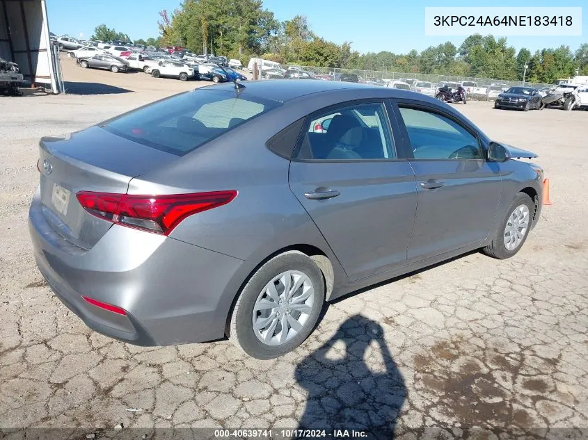 2022 Hyundai Accent Se VIN: 3KPC24A64NE183418 Lot: 40639741