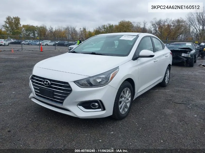 2022 Hyundai Accent Sel VIN: 3KPC24A62NE160512 Lot: 40780240