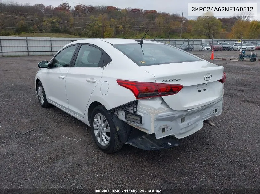 2022 Hyundai Accent Sel VIN: 3KPC24A62NE160512 Lot: 40780240