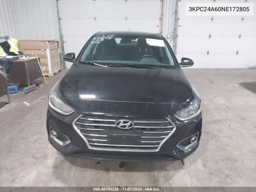 2022 Hyundai Accent Sel VIN: 3KPC24A60NE172805 Lot: 40793236