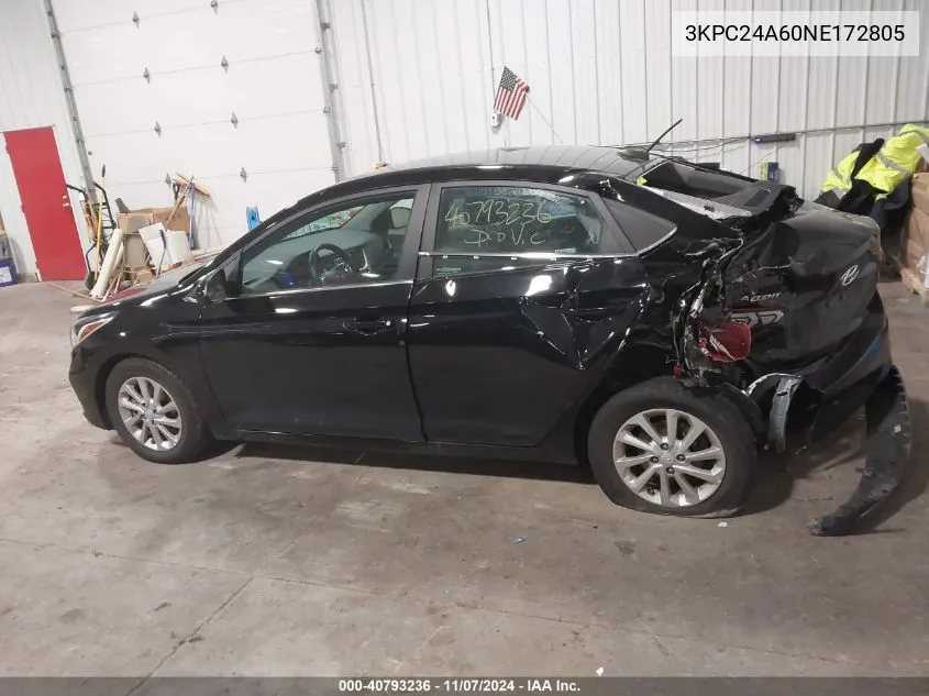 2022 Hyundai Accent Sel VIN: 3KPC24A60NE172805 Lot: 40793236