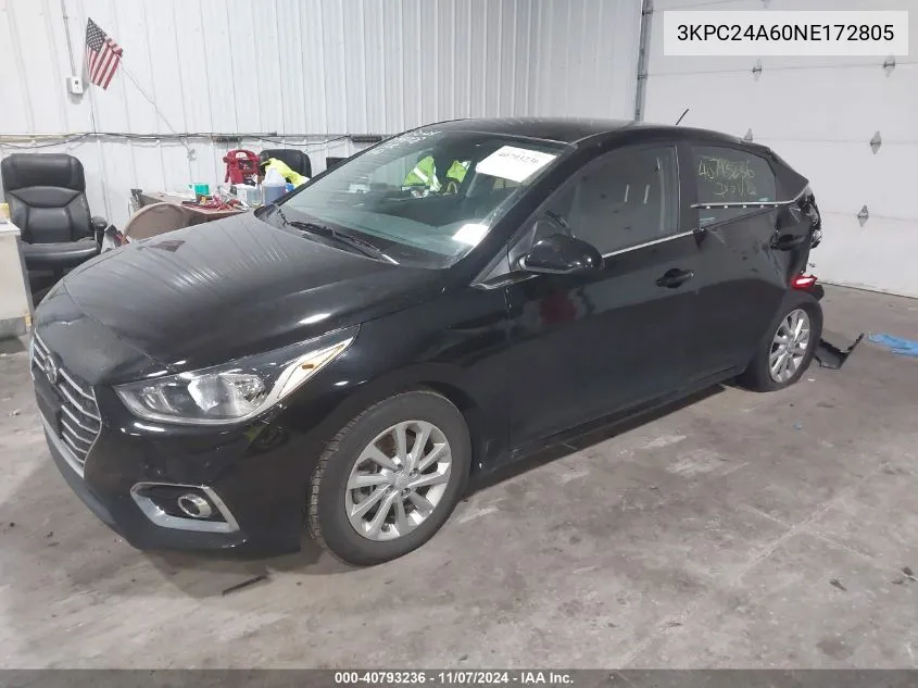 2022 Hyundai Accent Sel VIN: 3KPC24A60NE172805 Lot: 40793236