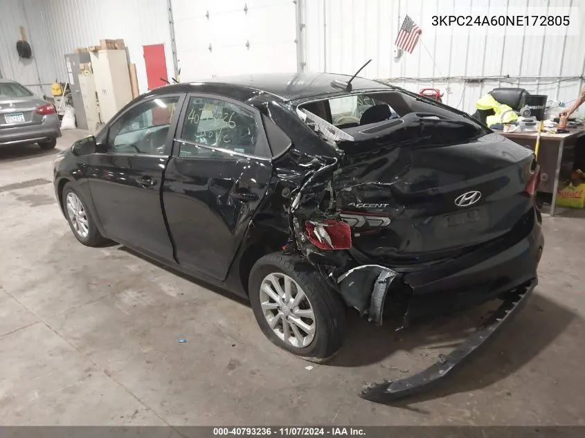 2022 Hyundai Accent Sel VIN: 3KPC24A60NE172805 Lot: 40793236