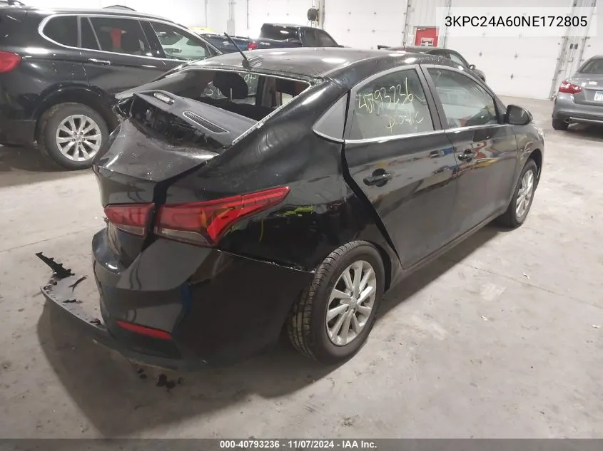 2022 Hyundai Accent Sel VIN: 3KPC24A60NE172805 Lot: 40793236