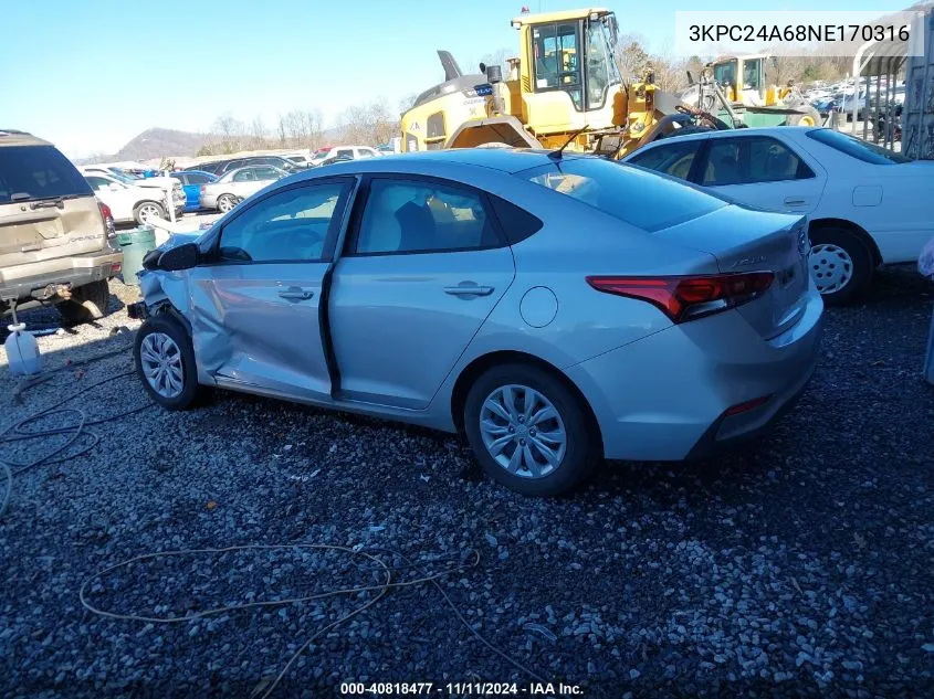 2022 Hyundai Accent Se VIN: 3KPC24A68NE170316 Lot: 40818477