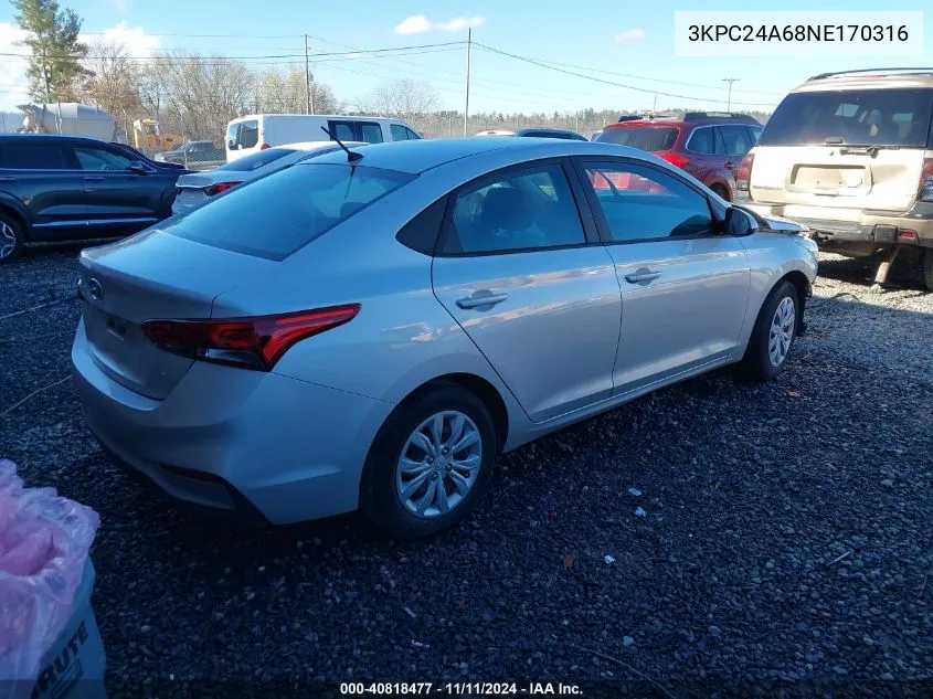 2022 Hyundai Accent Se VIN: 3KPC24A68NE170316 Lot: 40818477