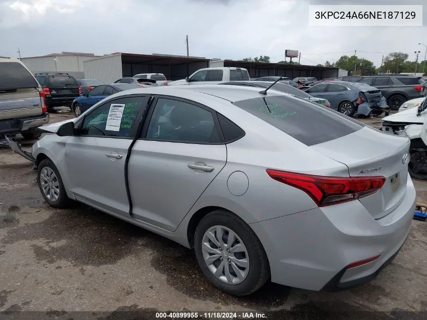 2022 Hyundai Accent Se VIN: 3KPC24A66NE187129 Lot: 40899955