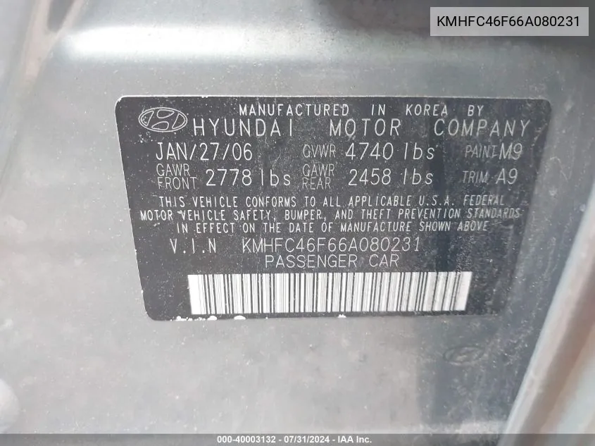 KMHFC46F66A080231 2006 Hyundai Azera Limited/Se