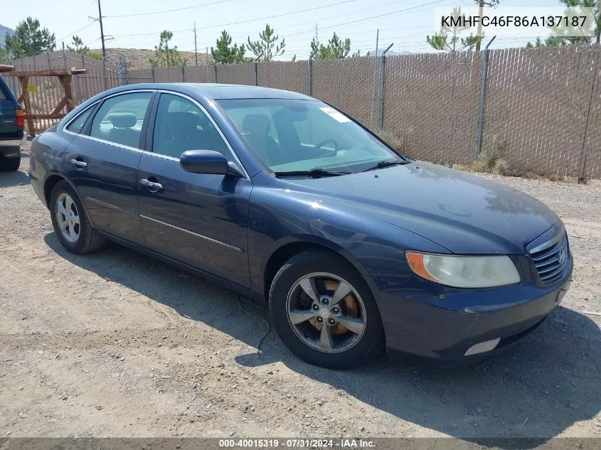 2006 Hyundai Azera Limited/Se VIN: KMHFC46F86A137187 Lot: 40015319