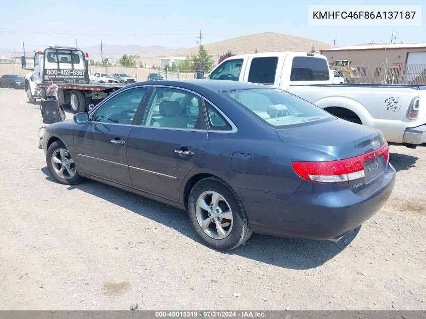 2006 Hyundai Azera Limited/Se VIN: KMHFC46F86A137187 Lot: 40015319