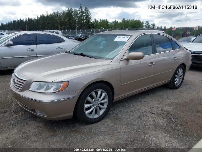 2006 Hyundai Azera Limited/Se VIN: KMHFC46F86A115318 Lot: 40326439