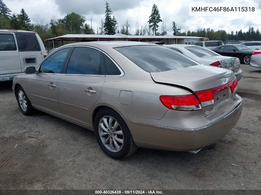 2006 Hyundai Azera Limited/Se VIN: KMHFC46F86A115318 Lot: 40326439