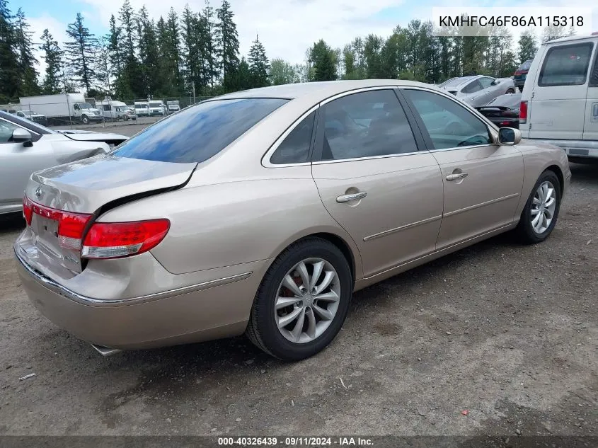 2006 Hyundai Azera Limited/Se VIN: KMHFC46F86A115318 Lot: 40326439