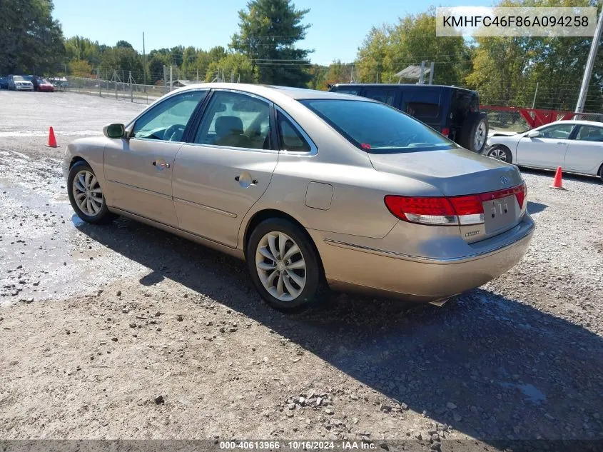 2006 Hyundai Azera Limited/Se VIN: KMHFC46F86A094258 Lot: 40613966