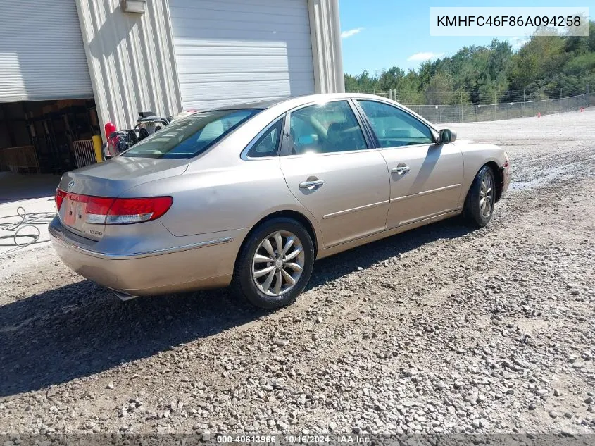 2006 Hyundai Azera Limited/Se VIN: KMHFC46F86A094258 Lot: 40613966