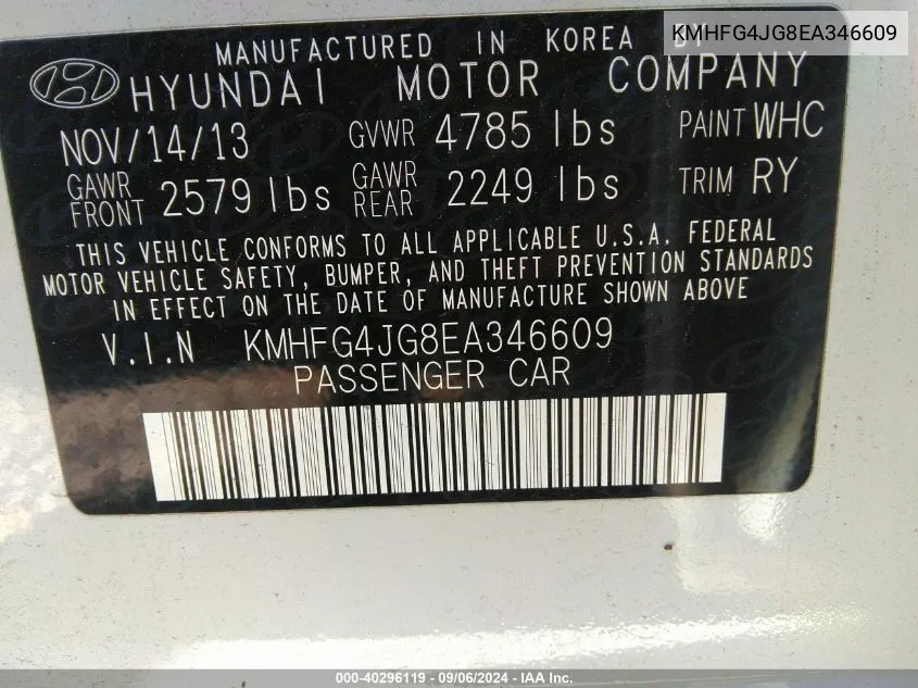 KMHFG4JG8EA346609 2014 Hyundai Azera