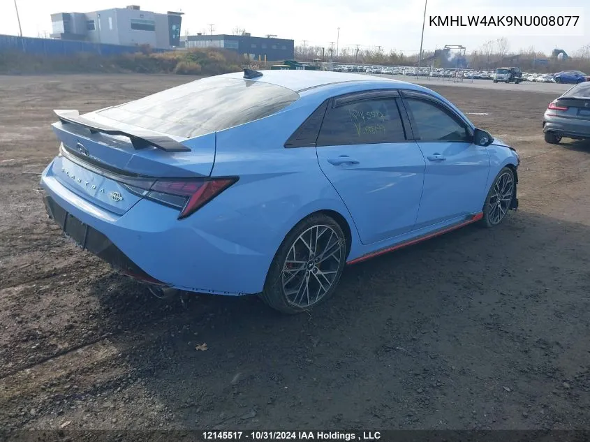 2022 Hyundai Elantra N VIN: KMHLW4AK9NU008077 Lot: 12145517