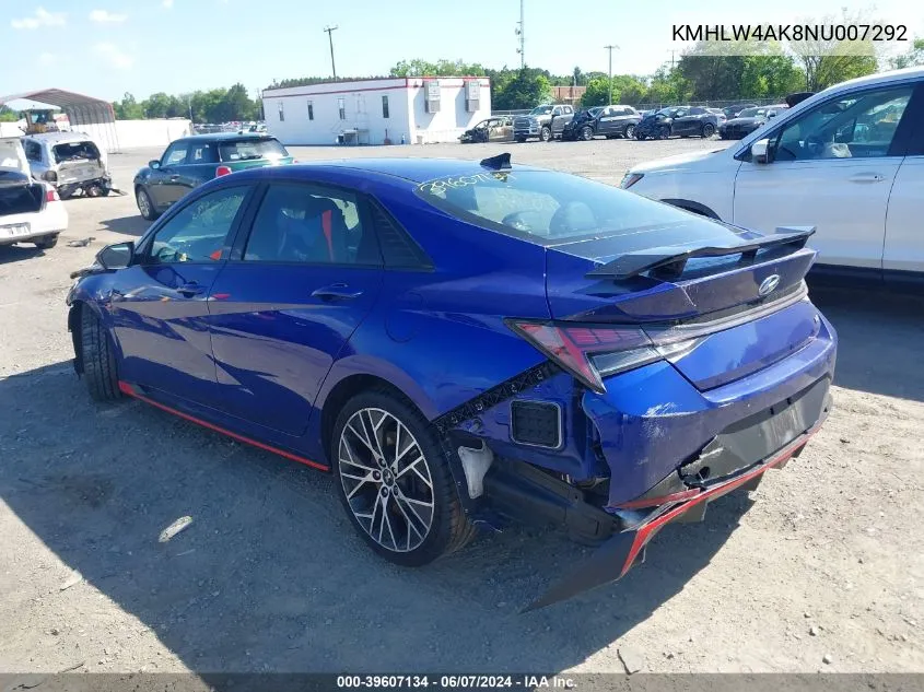 2022 Hyundai Elantra N VIN: KMHLW4AK8NU007292 Lot: 39607134