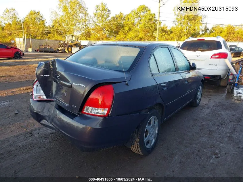 2002 Hyundai Elantra Gls VIN: KMHDN45DX2U315093 Lot: 40491605