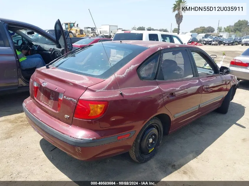 2002 Hyundai Elantra Gt VIN: KMHDN55D12U035911 Lot: 40503684