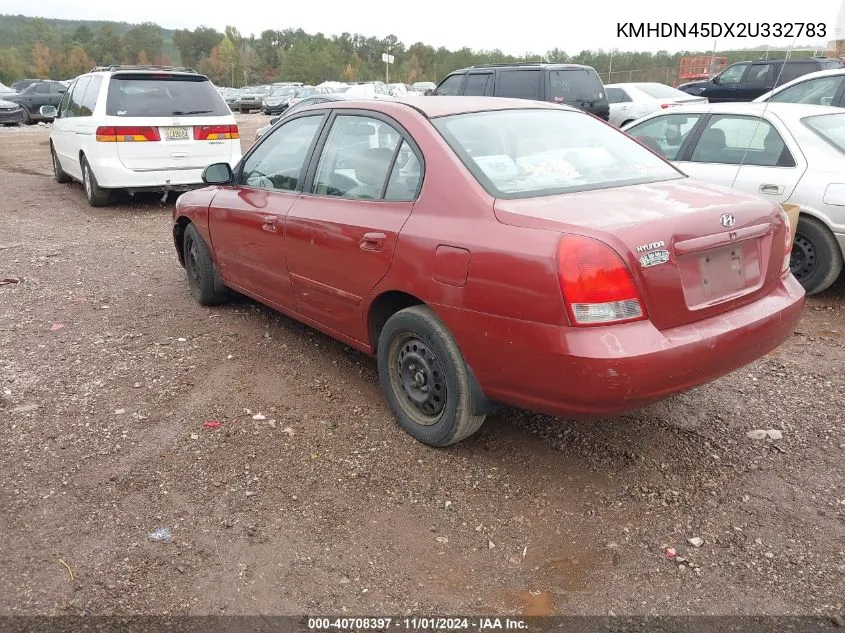 2002 Hyundai Elantra Gls VIN: KMHDN45DX2U332783 Lot: 40708397