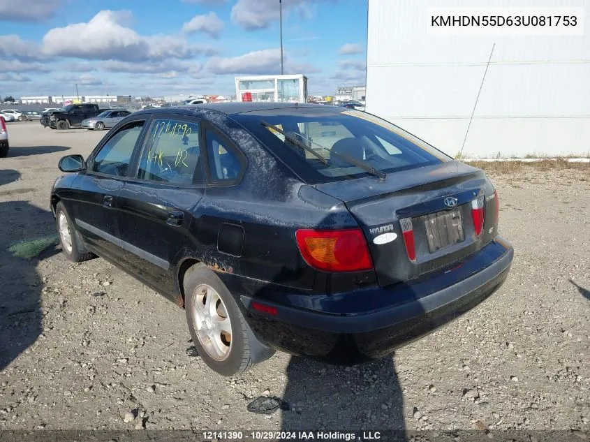 2003 Hyundai Elantra Gt VIN: KMHDN55D63U081753 Lot: 12141390