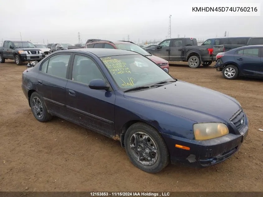 2004 Hyundai Elantra VIN: KMHDN45D74U760216 Lot: 12153853