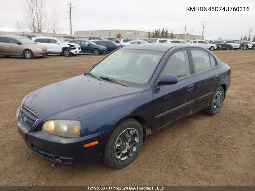 2004 Hyundai Elantra VIN: KMHDN45D74U760216 Lot: 12153853