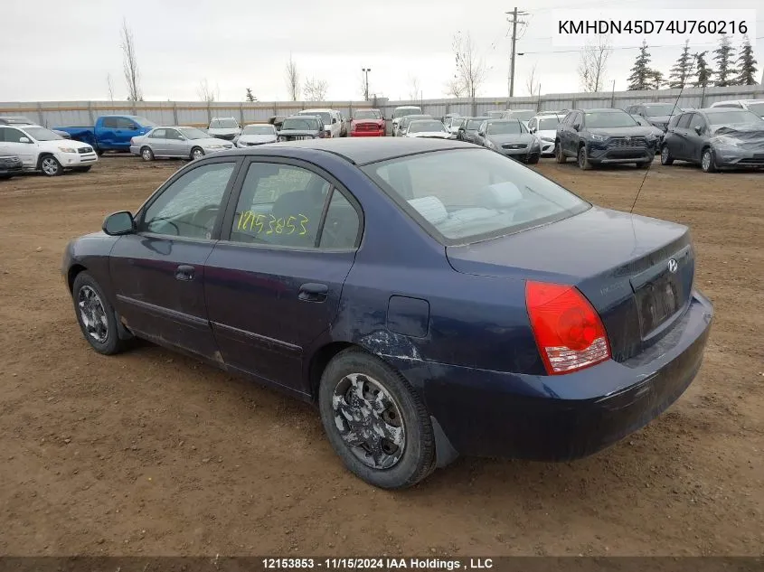 2004 Hyundai Elantra VIN: KMHDN45D74U760216 Lot: 12153853